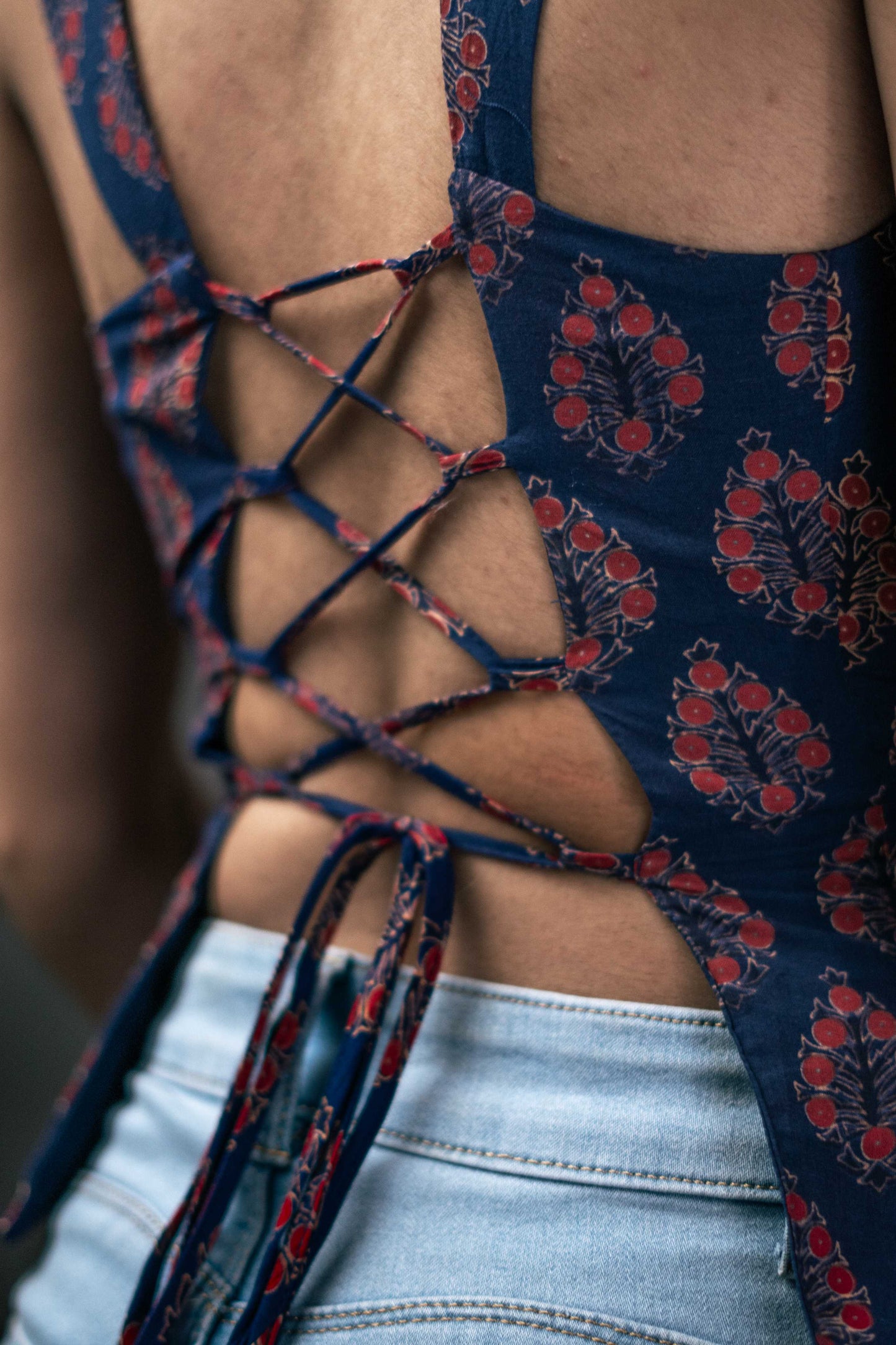 Kurti top, backless kurti, gulnaar, handblock print, unsolvd, colthing, buy now, shop now, fusion wear