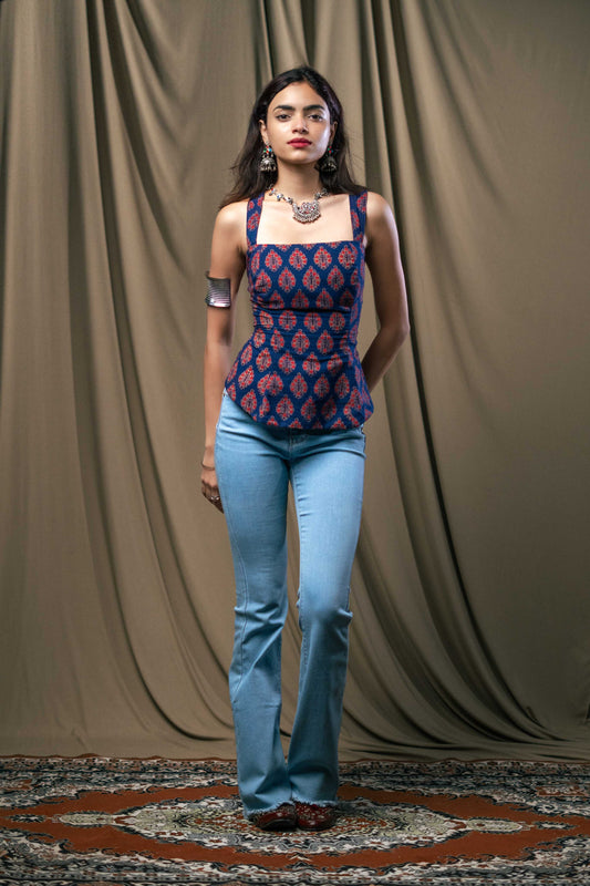 Kurti top, backless kurti, gulnaar, handblock print, unsolvd, colthing, buy now, shop now, fusion wear, royal blue short kurti top
