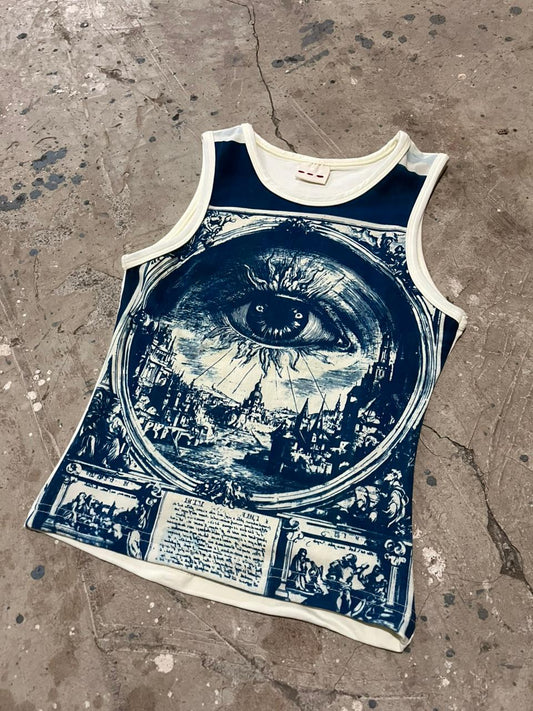 Sleeveless topwith eye design, uv printed tops, cyanotype print, wearable art, tank top, white top