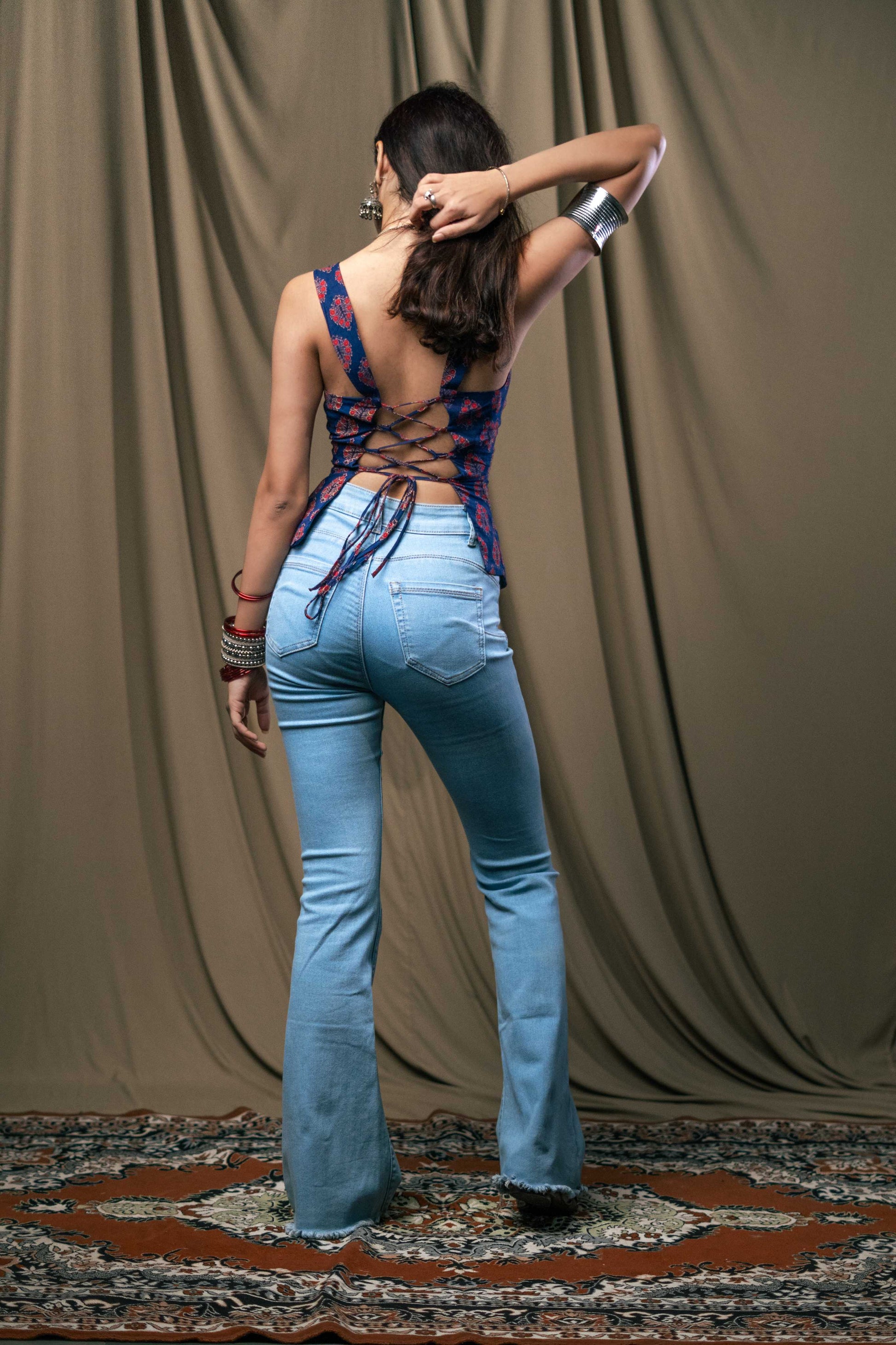 Kurti top, backless kurti, gulnaar, handblock print, unsolvd, colthing, buy now, shop now, fusion wear