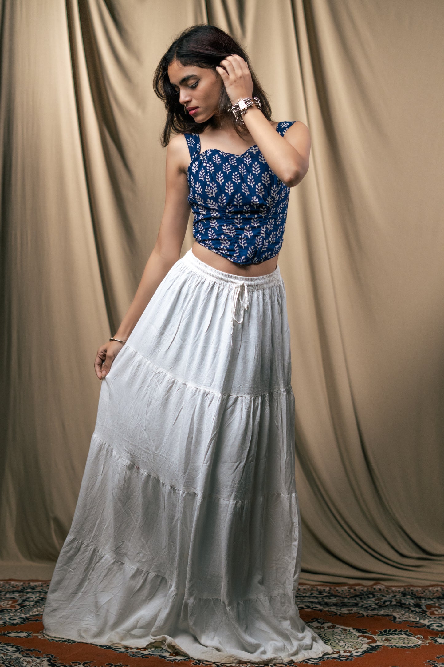 Kurti top, Corset, raatrani, handblock print, unsolvd, colthing, buy now, shop now, fusion wear, navy blue corset 