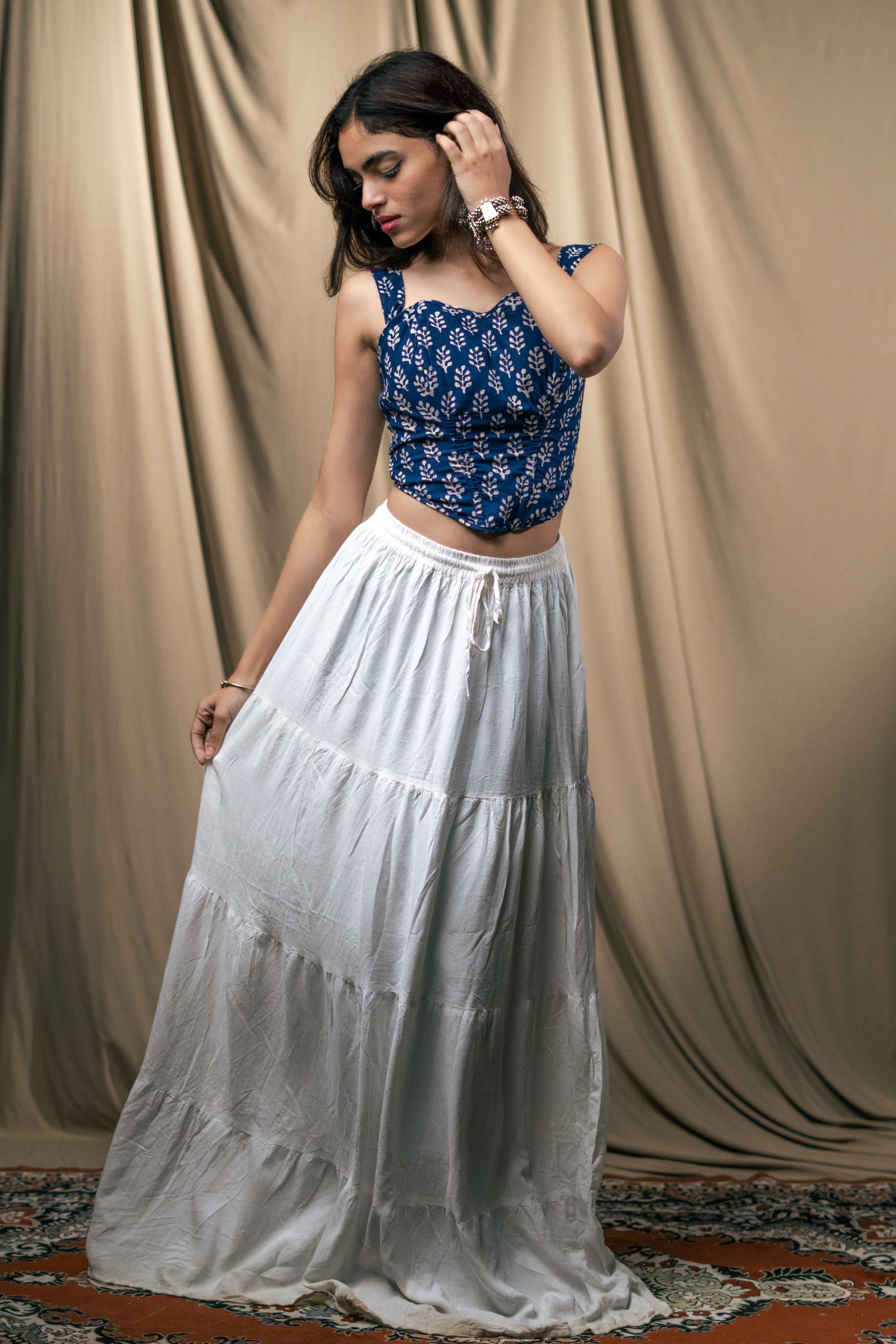 Kurti top, Corset, raatrani, handblock print, unsolvd, colthing, buy now, shop now, fusion wear, navy blue corset 