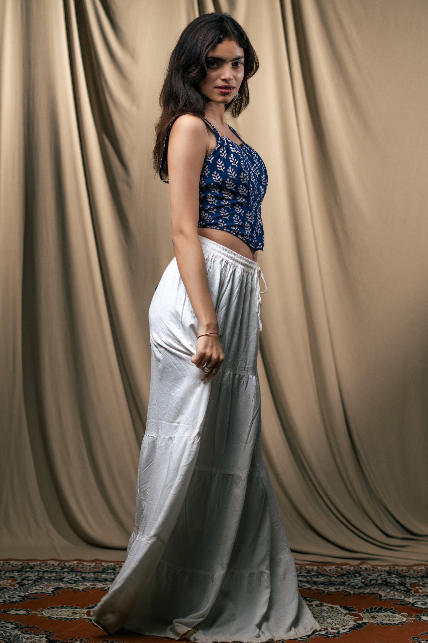 Kurti top, Corset, raatrani, handblock print, unsolvd, colthing, buy now, shop now, fusion wear, navy blue corset 