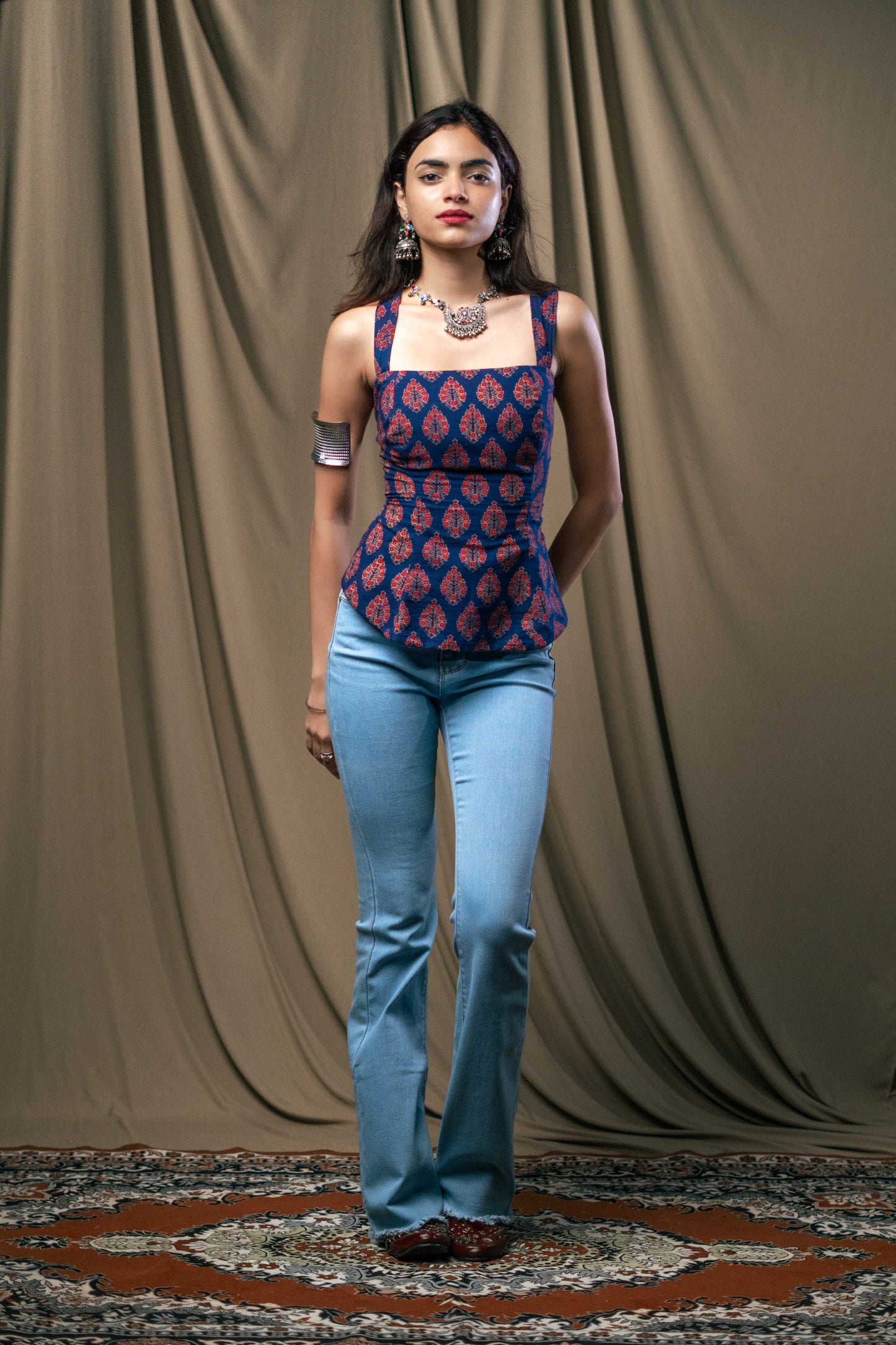 Kurti top, backless kurti, gulnaar, handblock print, unsolvd, colthing, buy now, shop now, fusion wear, royal blue short kurti top 