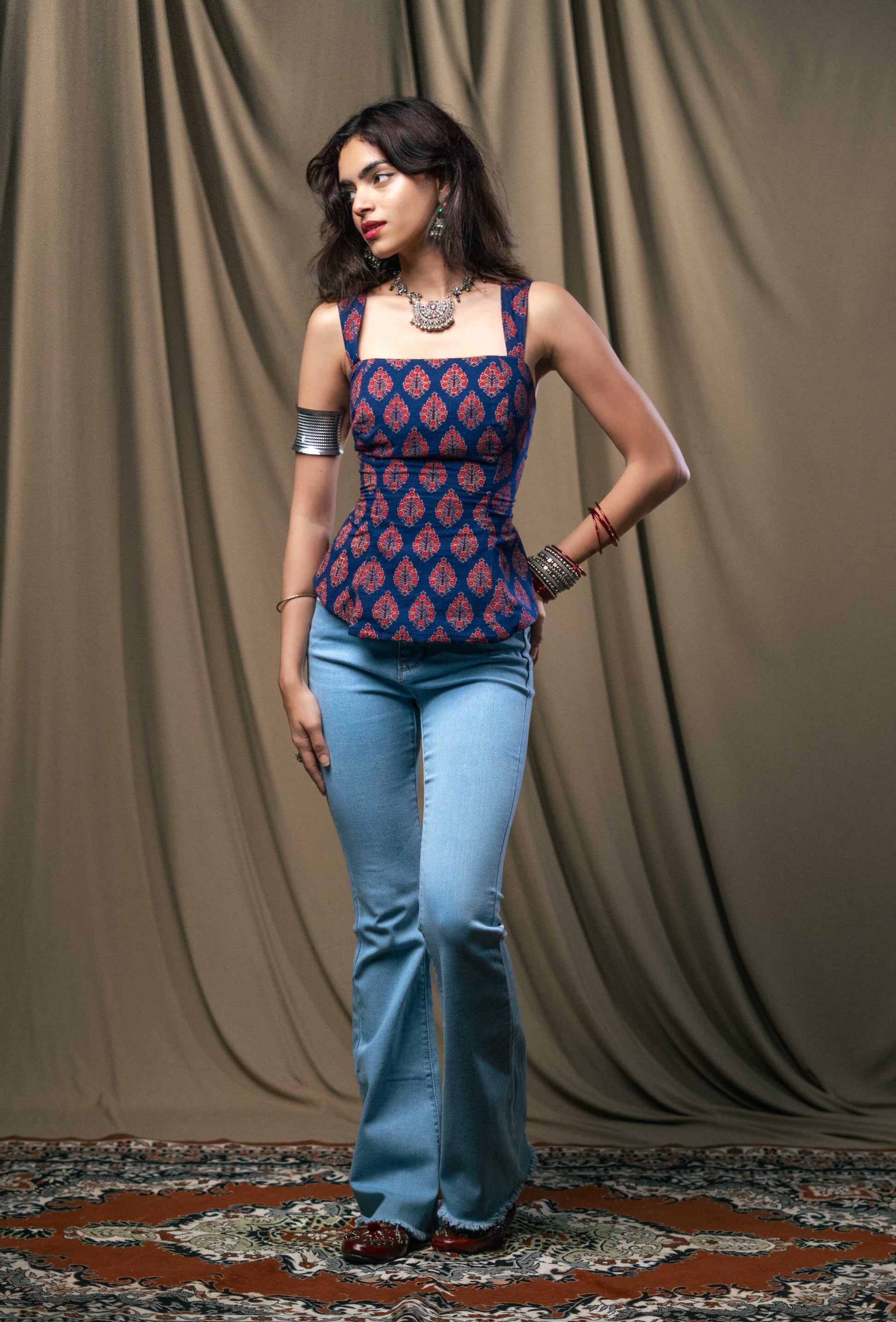 Kurti top, backless kurti, gulnaar, handblock print, unsolvd, colthing, buy now, shop now, fusion wear