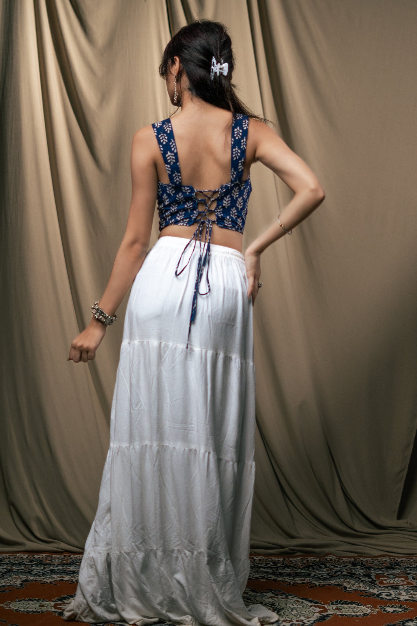 Kurti top, Corset, raatrani, handblock print, unsolvd, colthing, buy now, shop now, fusion wear, navy blue corset 