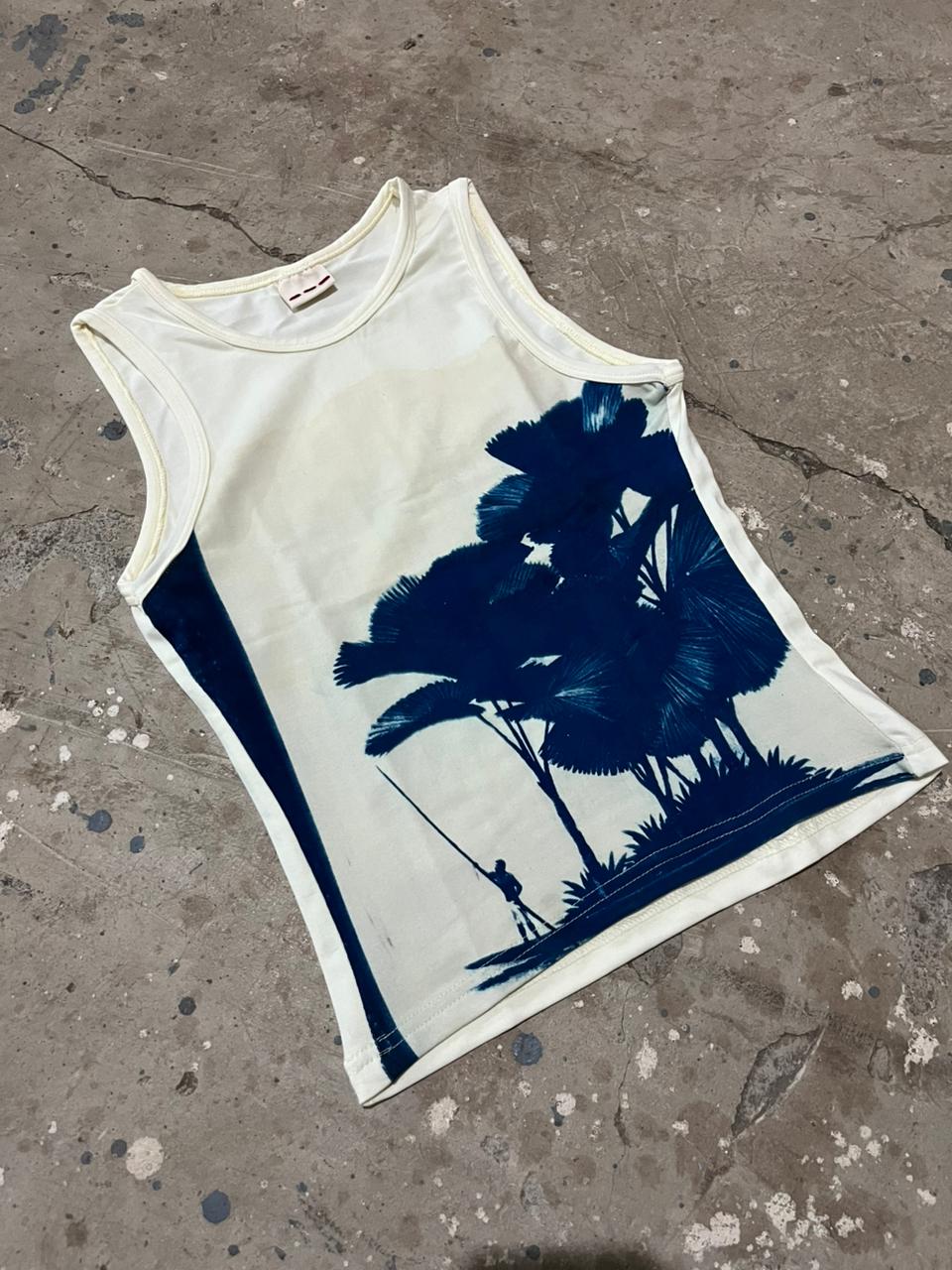 White tank top with blue palm tree design, cyanotype art print, detailed print, summer top, wearable art 