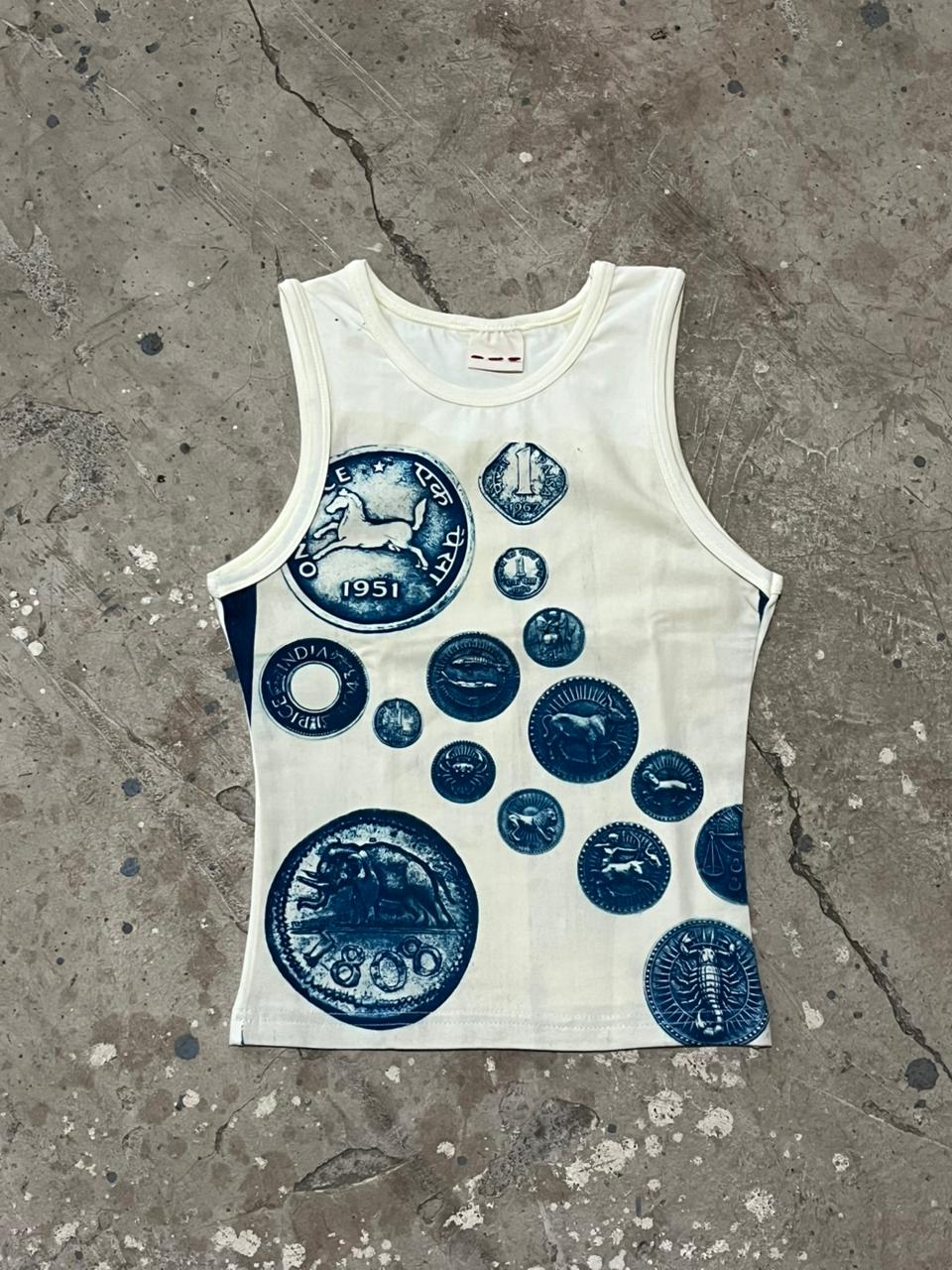 sikka print, old age coinage print, sun printed top, tank top, unsolvd tank top, old coinage print, cyanotype printed tops 