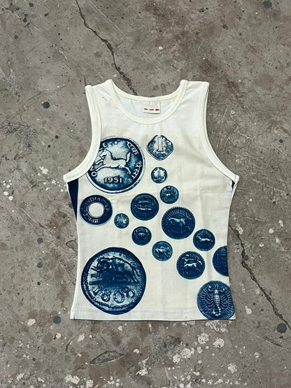 sikka print, old age coinage print, sun printed top, tank top, unsolvd tank top, old coinage print, cyanotype printed tops 