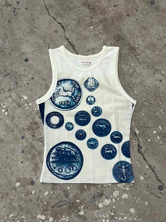 sikka print, old age coinage print, sun printed top, tank top, unsolvd tank top, old coinage print, cyanotype printed tops 