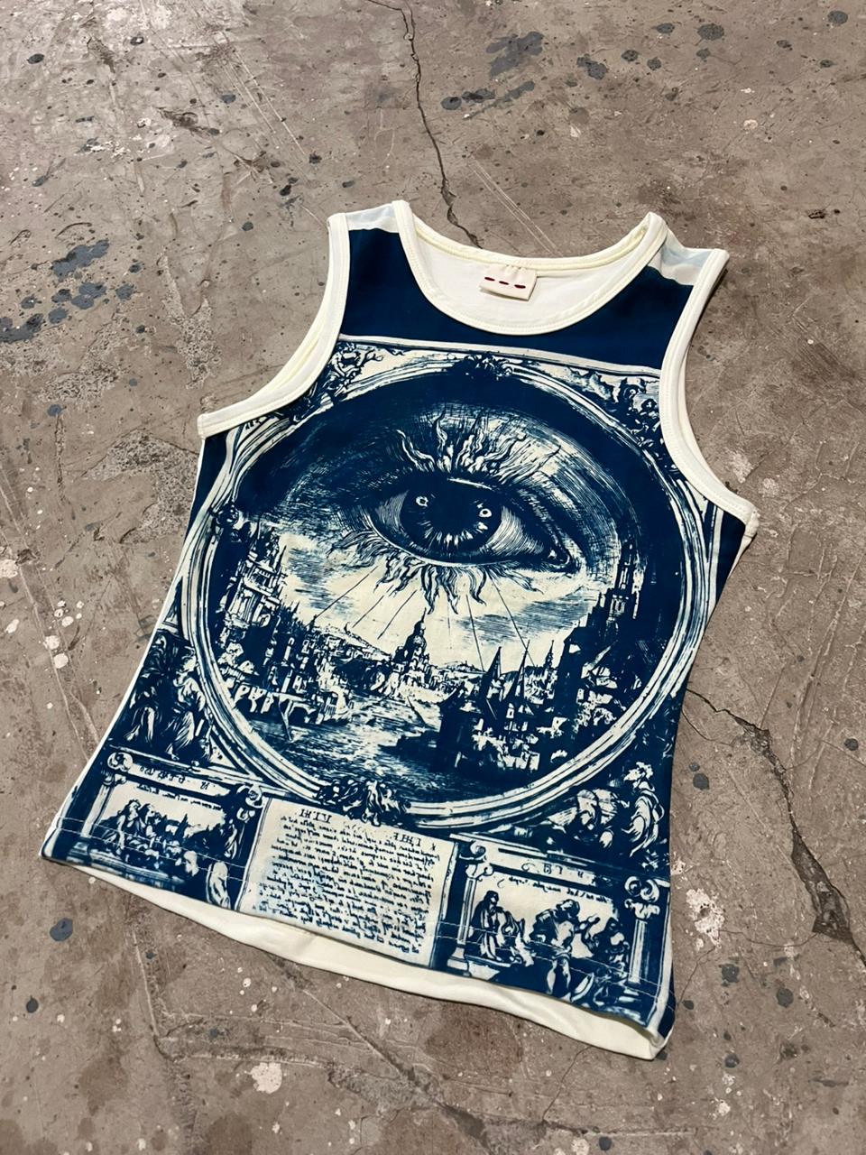 Sleeveless topwith eye design, uv printed tops, cyanotype print, wearable art, tank top, white top 