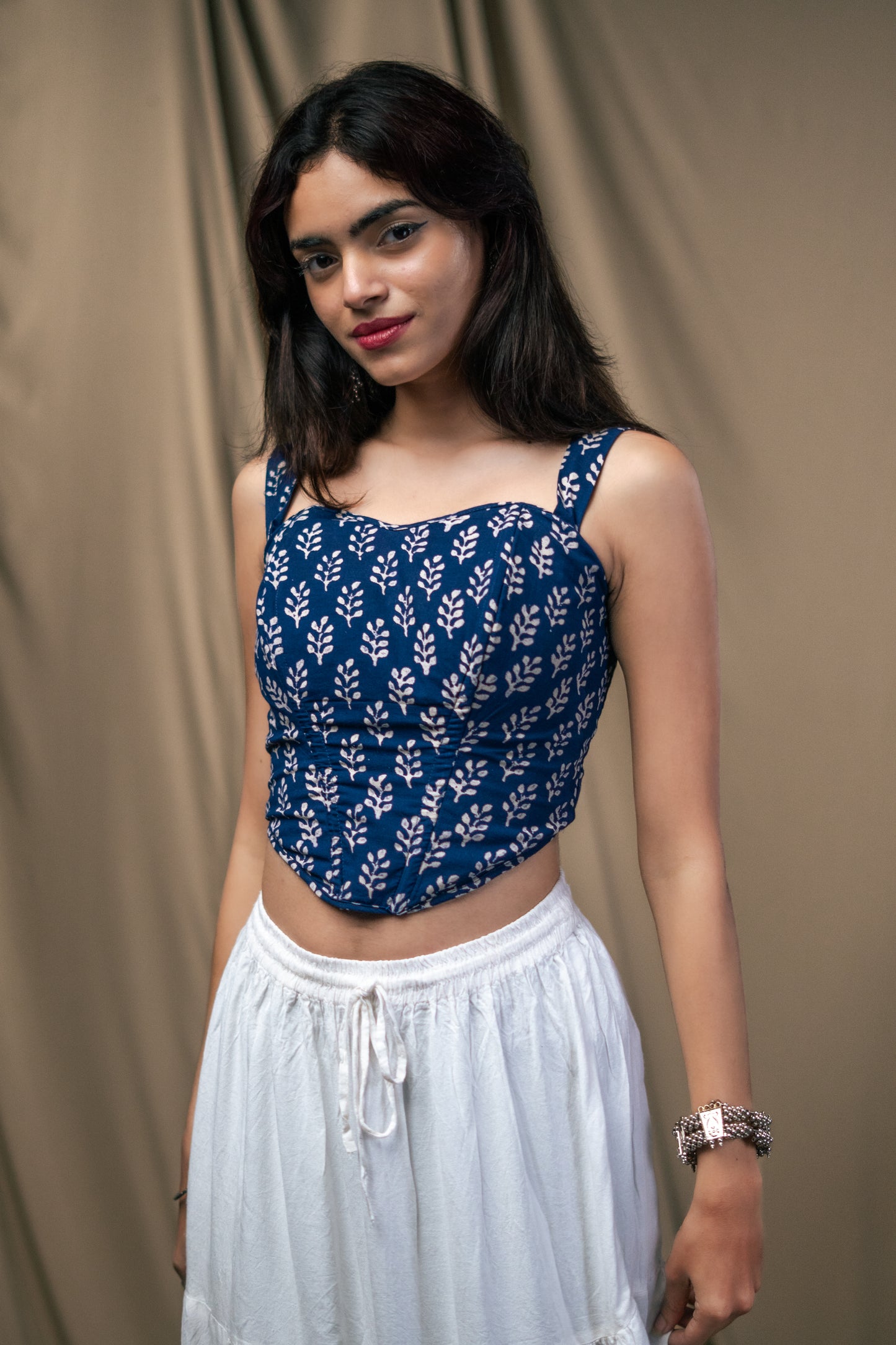 Kurti top, Corset, raatrani, handblock print, unsolvd, colthing, buy now, shop now, fusion wear, navy blue corset 