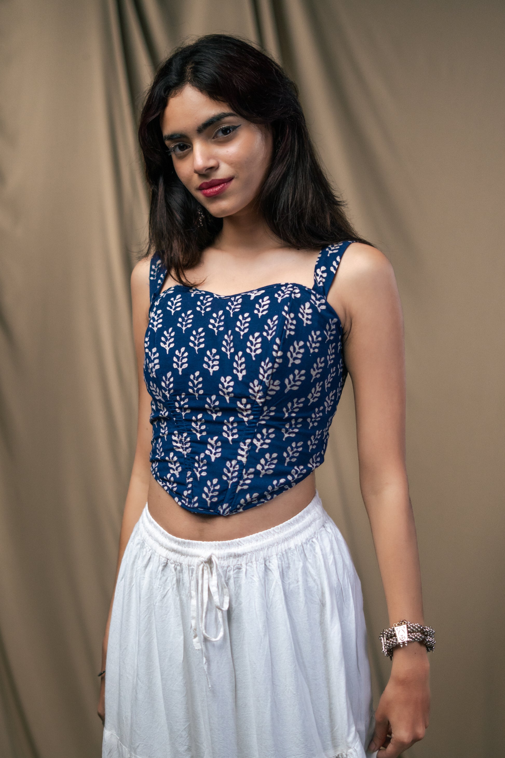 Kurti top, Corset, raatrani, handblock print, unsolvd, colthing, buy now, shop now, fusion wear, navy blue corset 