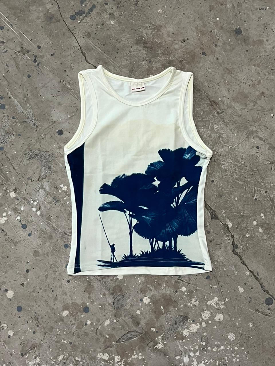 White tank top with blue palm tree design, cyanotype printed top, art piece, wearable art 