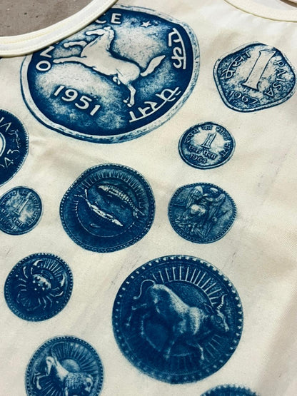 Blue celestial designs on a textured white fabric background, detailed print, tank top, comfort wear, cool print, tops