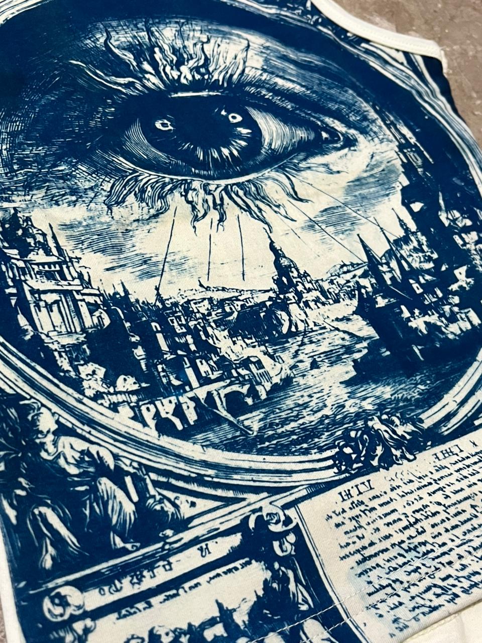 Blue ink drawing of an eye with a cityscape inside, resembling a famous artwork, cyanotype printed, detailed print 