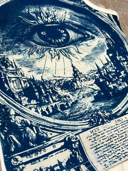Blue ink drawing of an eye with a cityscape inside, resembling a famous artwork, cyanotype printed, detailed print 